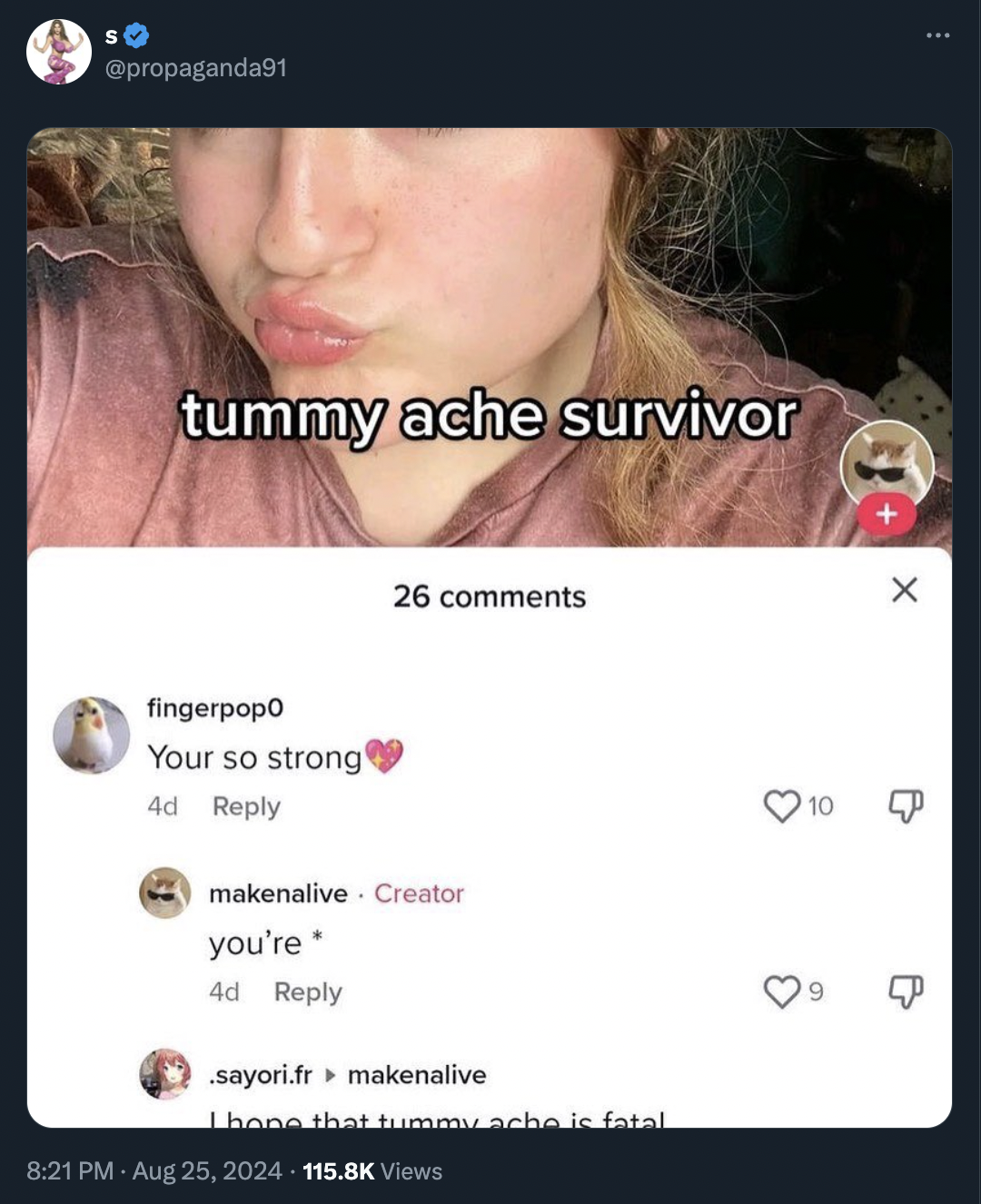 screenshot - propaganda91 tummy ache survivor 26 fingerpopo Your so strong 4d makenalive. Creator you're 4d sayori.fr makenalive Lhone that tummy ache is fatal Views 10